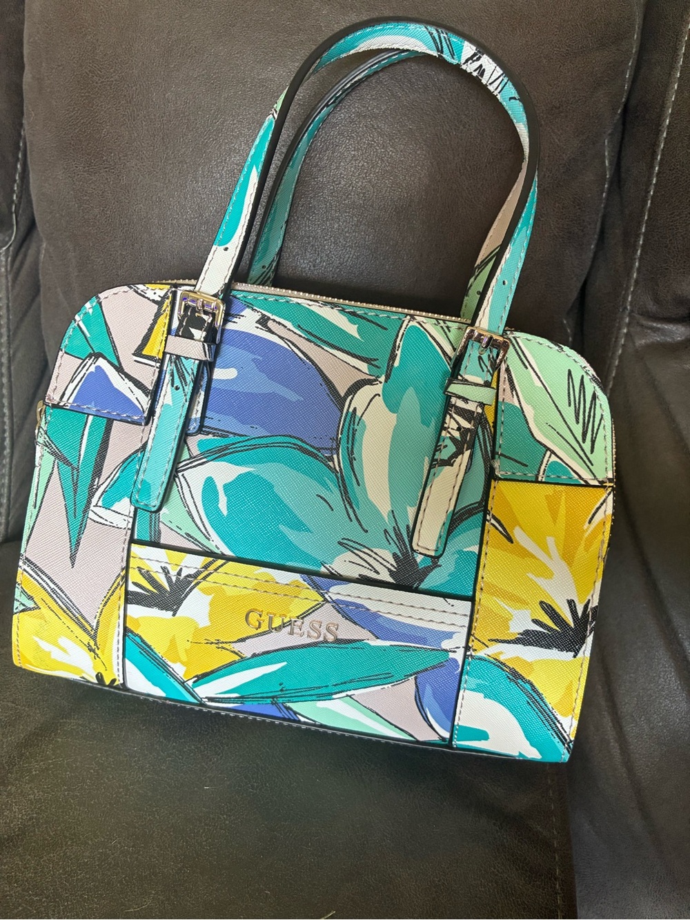 GUESS Multicolor Floral Dome Satchel - Teal, Yellow & Blue